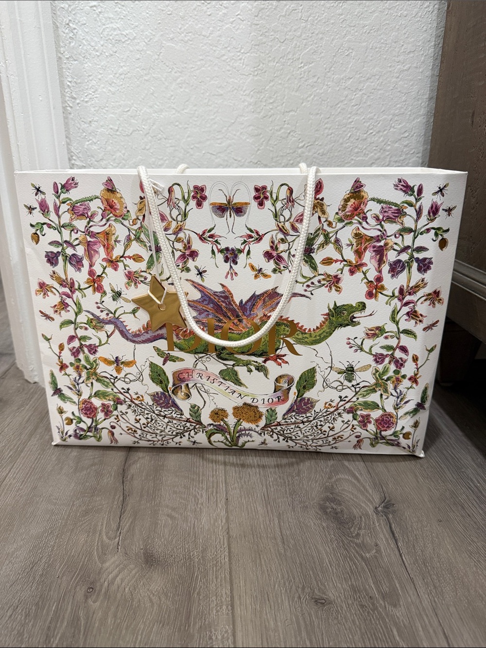 Dior White Floral & Multicolor Illustrated Shopping Bag